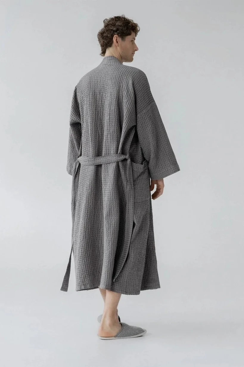 Dark Grey Linen & Cotton Honeycomb Waffle Bathrobe Linen Tales