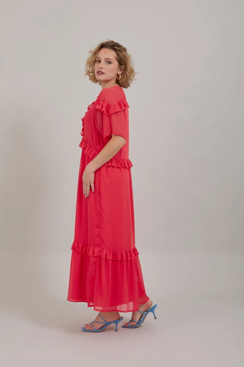 Long Dress With Frills Coral Pink