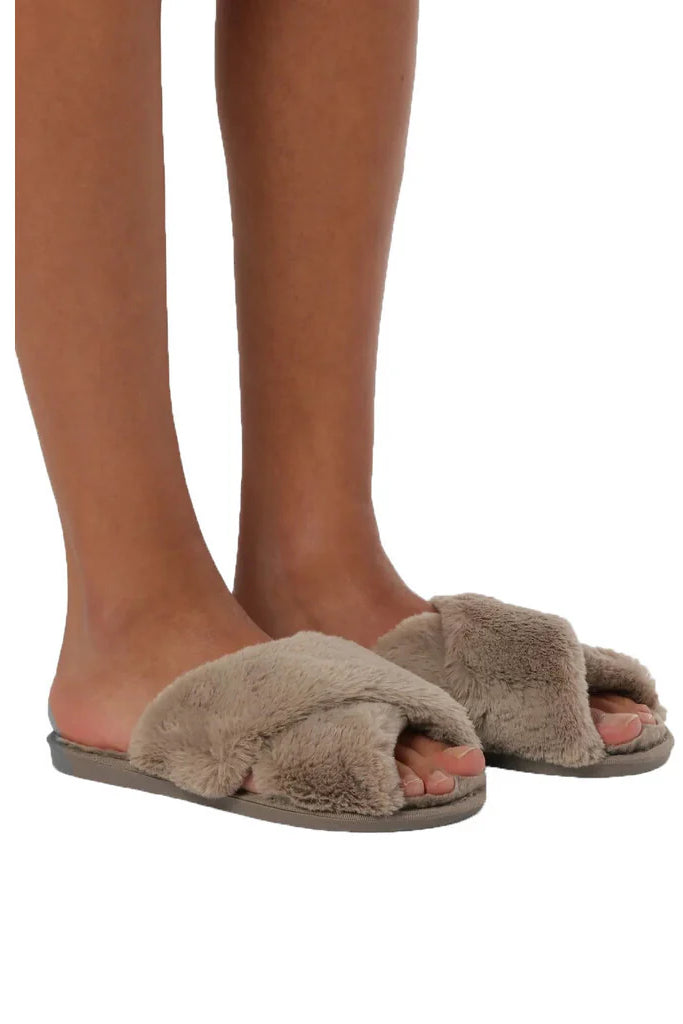 Lou Faux Fur Slippers Taupe