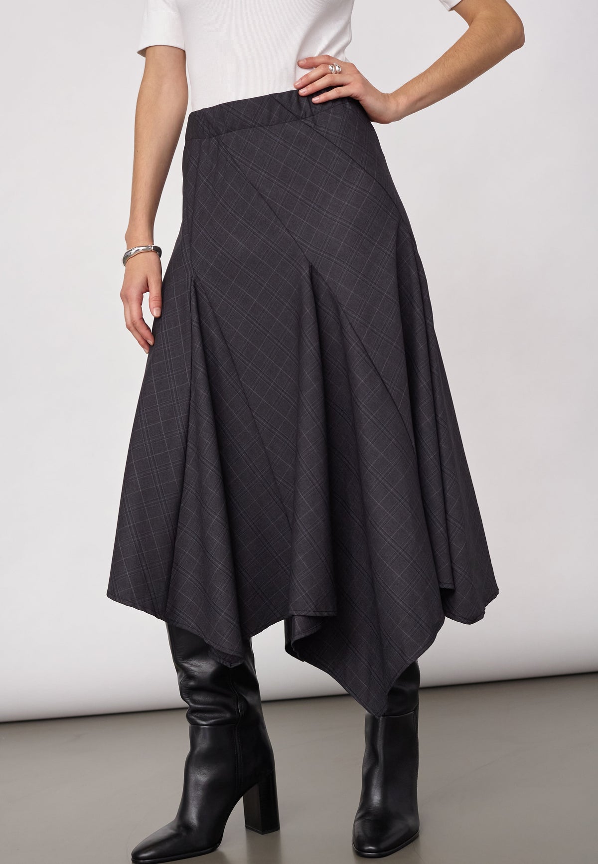 Co'couture EloraCC Check Asym Skirt, väriltään Dark Grey