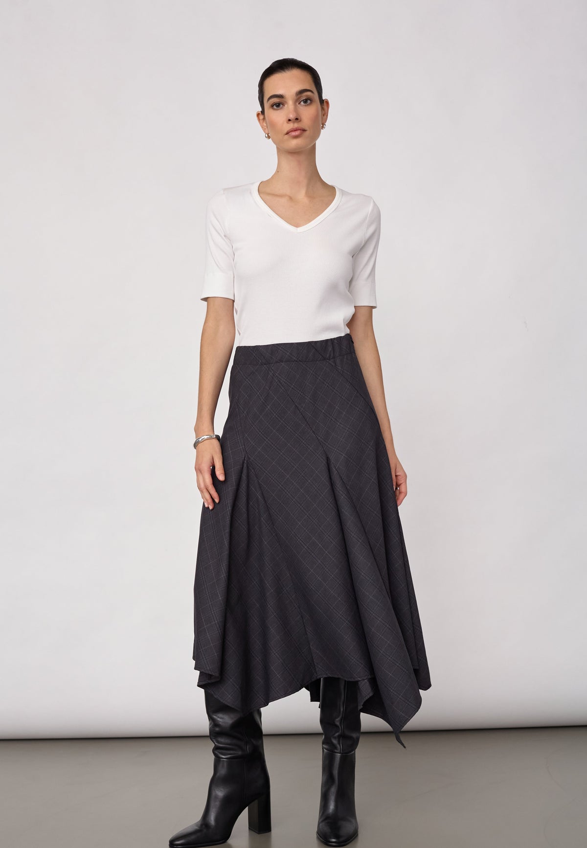 Co'couture EloraCC Check Asym Skirt, väriltään Dark Grey