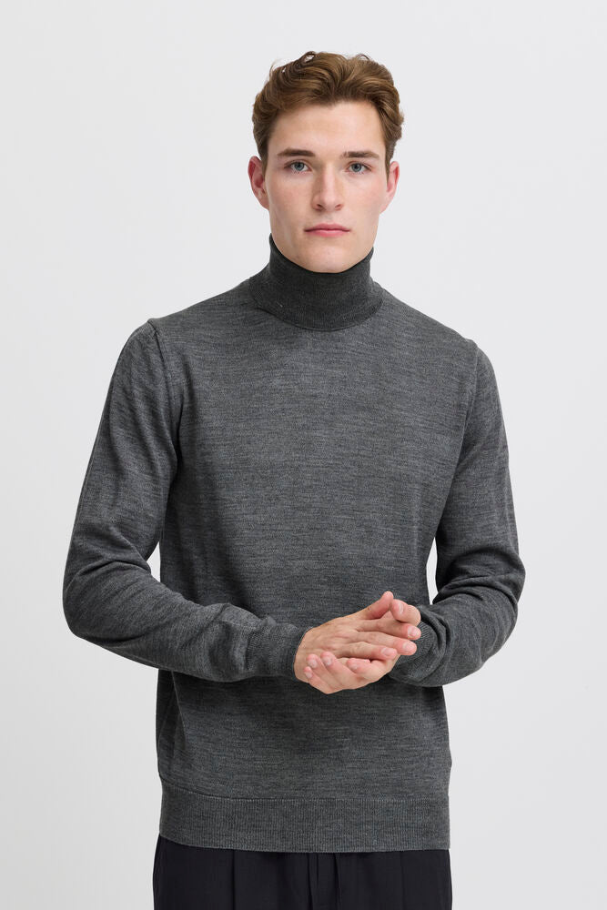 Casual Friday CFKONRAD merinovillasekoitteinen rullakaulusneule miehille, väri Pewter Mix, kuva 2 - RAGS Oulu