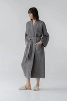 Dark Grey Linen & Cotton Honeycomb Waffle Bathrobe Linen Tales