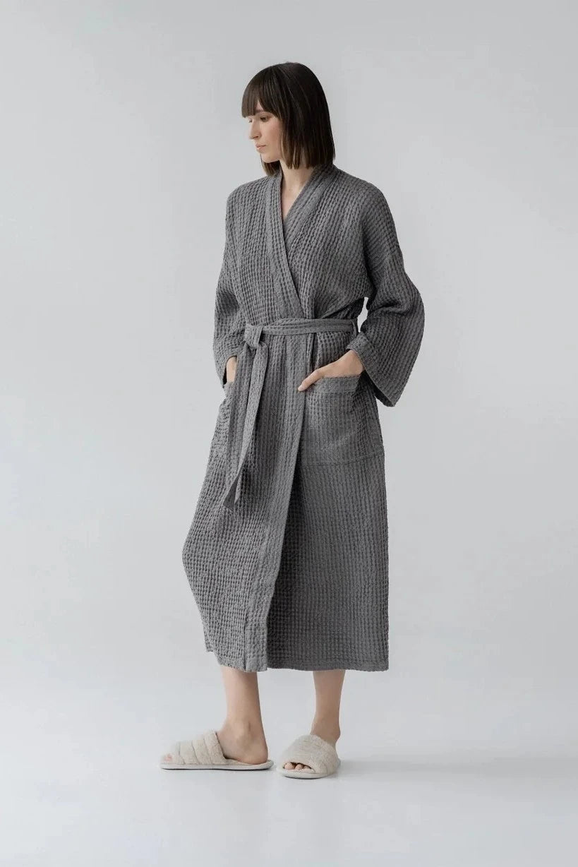 Dark Grey Linen & Cotton Honeycomb Waffle Bathrobe Linen Tales