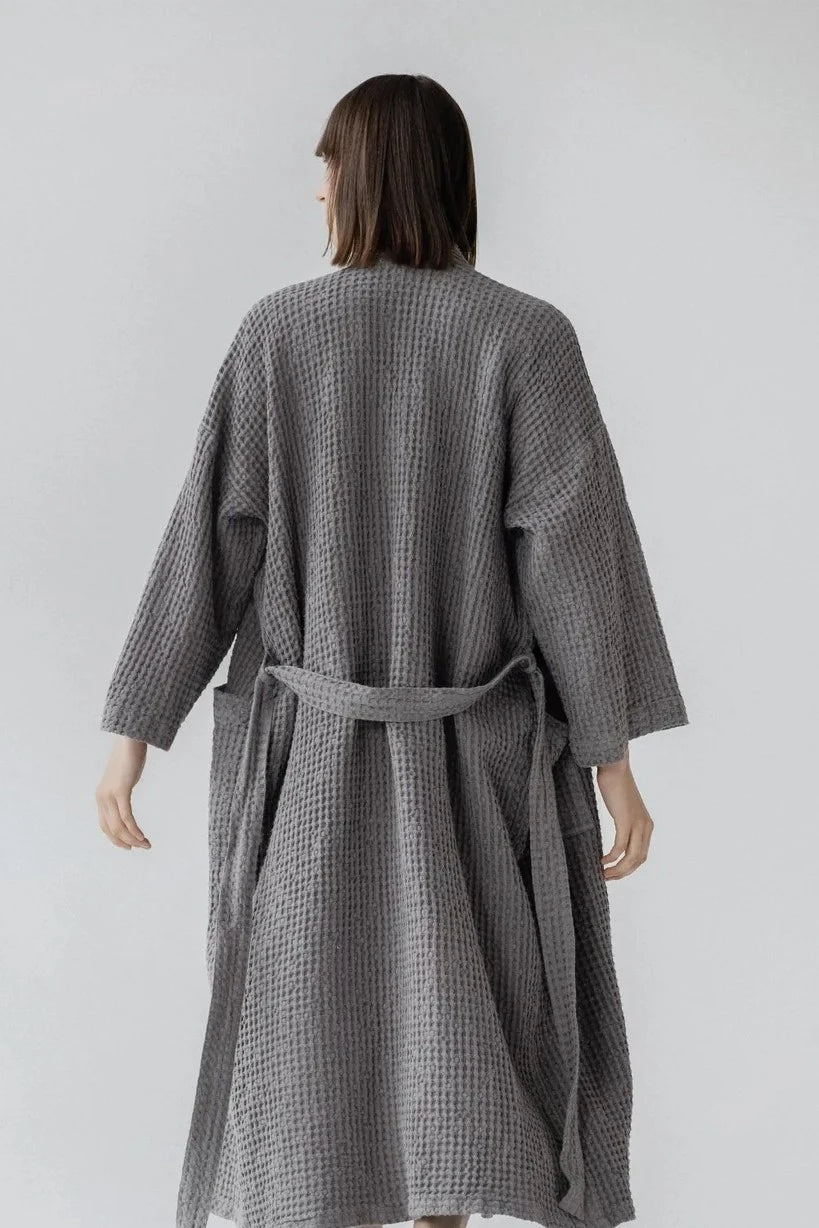 Dark Grey Linen & Cotton Honeycomb Waffle Bathrobe Linen Tales