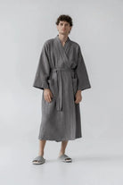 Dark Grey Linen & Cotton Honeycomb Waffle Bathrobe Linen Tales