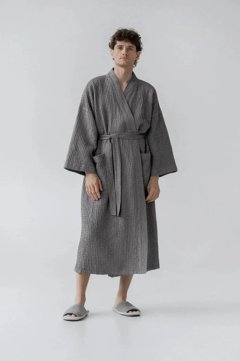 Dark Grey Linen & Cotton Honeycomb Waffle Bathrobe Linen Tales