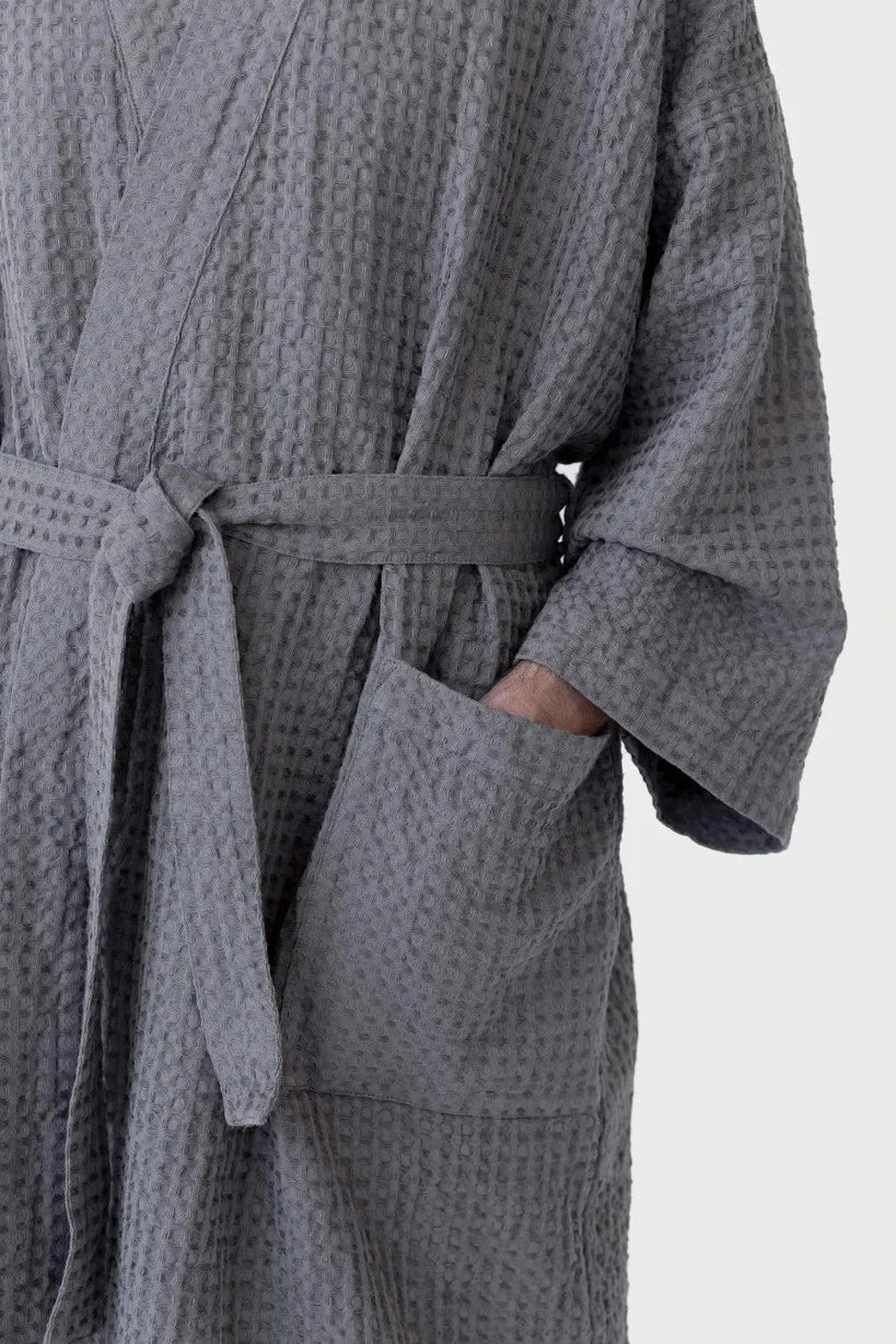 Dark Grey Linen & Cotton Honeycomb Waffle Bathrobe Linen Tales