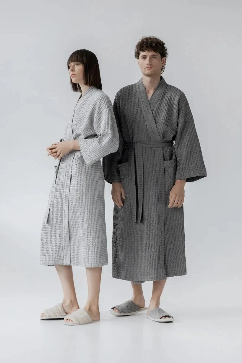 Dark Grey Linen & Cotton Honeycomb Waffle Bathrobe Linen Tales