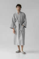Light Grey Linen & Cotton Honeycomb Waffle Bathrobe Linen Tales