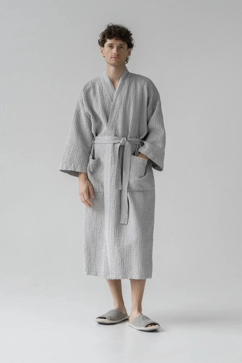 Light Grey Linen & Cotton Honeycomb Waffle Bathrobe Linen Tales