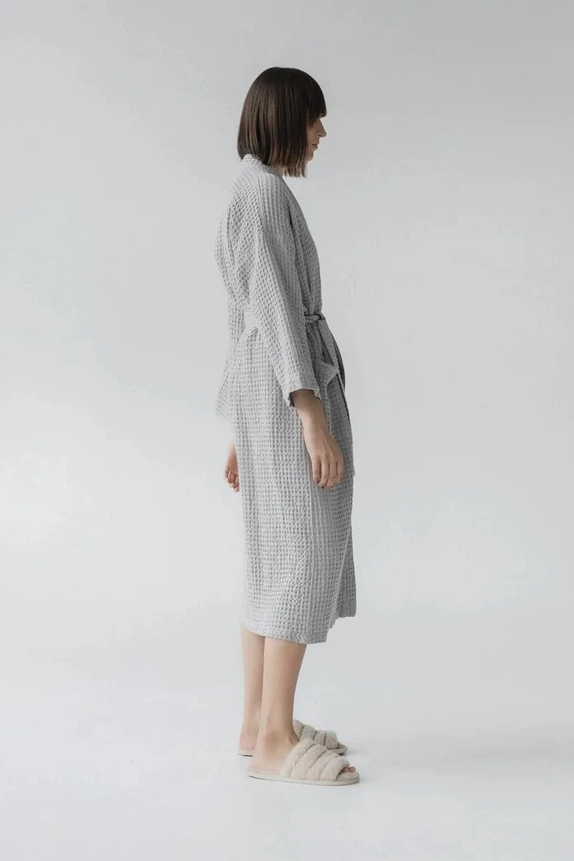Light Grey Linen & Cotton Honeycomb Waffle Bathrobe Linen Tales