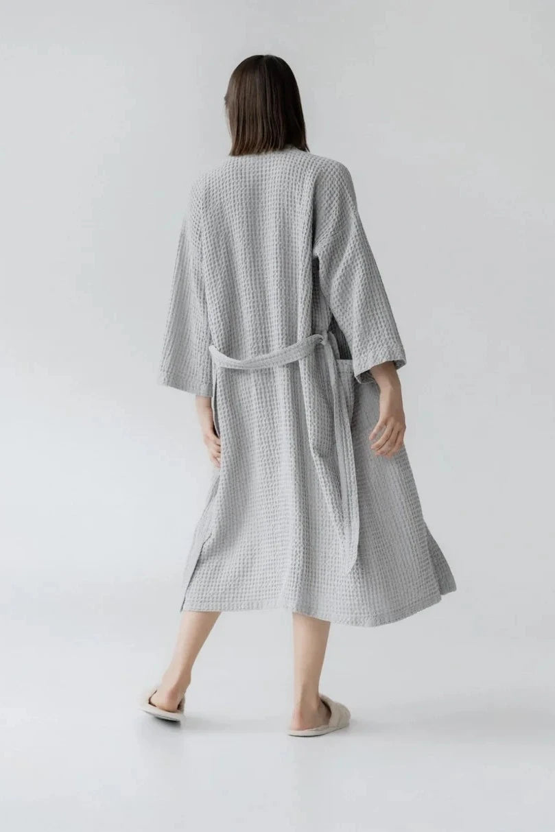 Light Grey Linen & Cotton Honeycomb Waffle Bathrobe Linen Tales