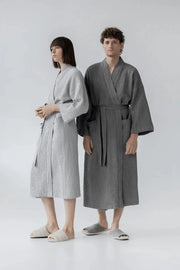 Light Grey Linen & Cotton Honeycomb Waffle Bathrobe Linen Tales