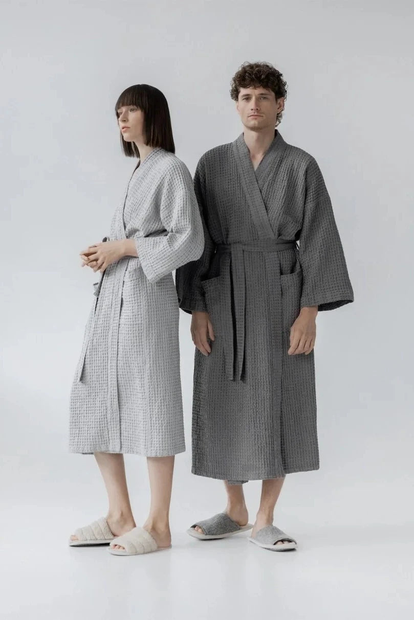 Light Grey Linen & Cotton Honeycomb Waffle Bathrobe Linen Tales