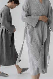 Light Grey Linen & Cotton Honeycomb Waffle Bathrobe Linen Tales