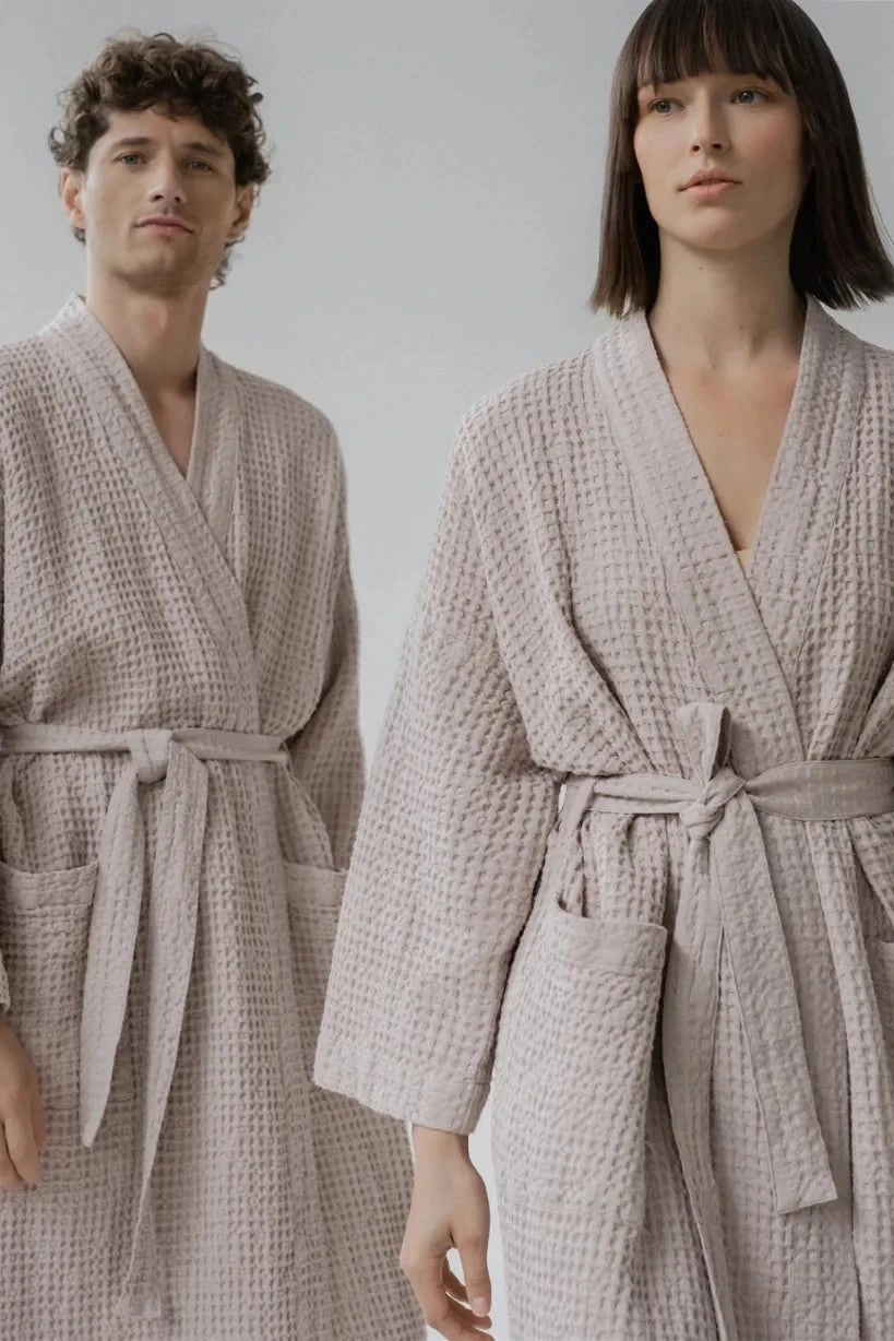Powder Linen & Cotton Honeycomb Waffle Bathrobe Linen Tales