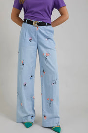 Wide Pants With Denim Flower Print