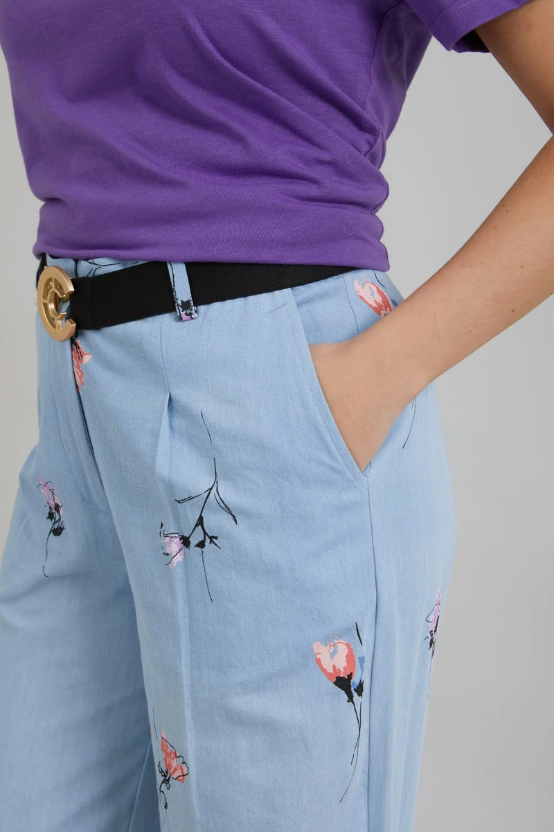 Wide Pants With Denim Flower Print