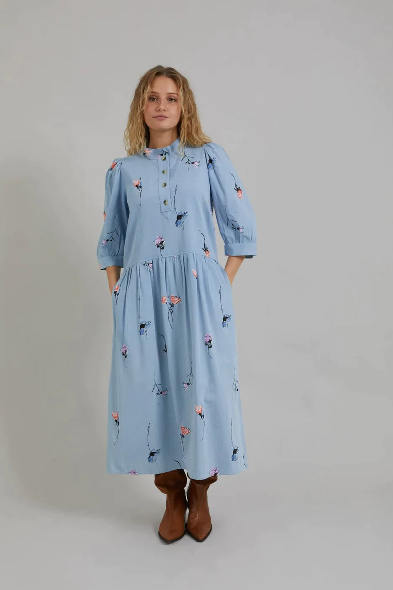 Long Dress With Denim Flower Print